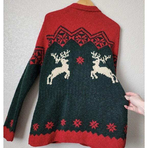 VTG Ralph Lauren Hand Knit Sweater Reindeer Silver Buttons M Linen Red Green - Picture 3 of 6